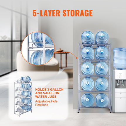 VEVOR 5-Tier Double Row Water Jug Rack for 10 Bottles - Silver Gray
