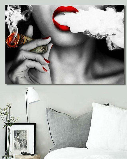 Contemporary Elegance: Abstract Canvas Art of Women, Smoke, and Currency