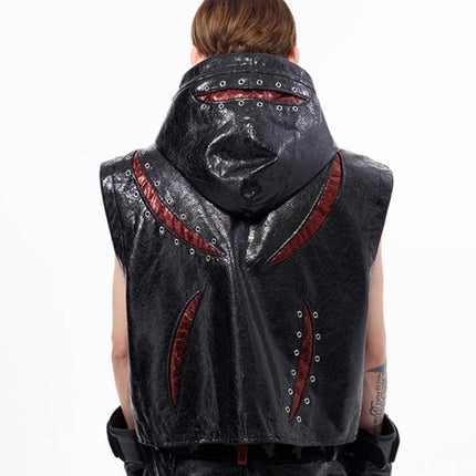 Peekaboo Studio Dark Sleeveless Hooded Vest Coat with Pockets & Zip Cl