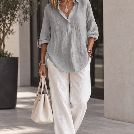 Women's Casual Long-Sleeved Lapel Pullover Shirt — Loose Fit, 3/4 Sleeve