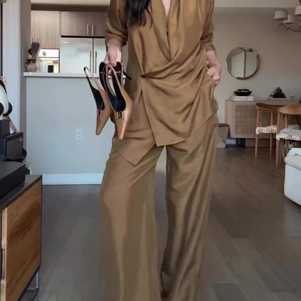 Peekaboo Studio Wrap-Style Satin Blouse & Wide-Leg Pants Set, Elegant