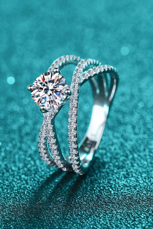 Radiant Moissanite Crisscross Silver Ring - Timeless Glamour
