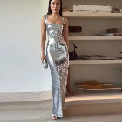 Peekaboo Studio Silver Sequin Halter Sheath Dress - Elegant Evening We