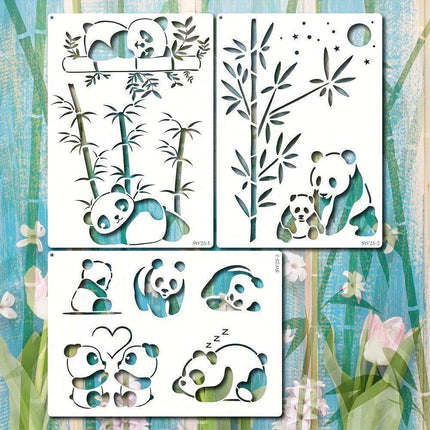Panda Paradise Stencil Trio - A4 Templates for Creative Painting, Woodburning, and DIY Crafts with Bamboo Accents