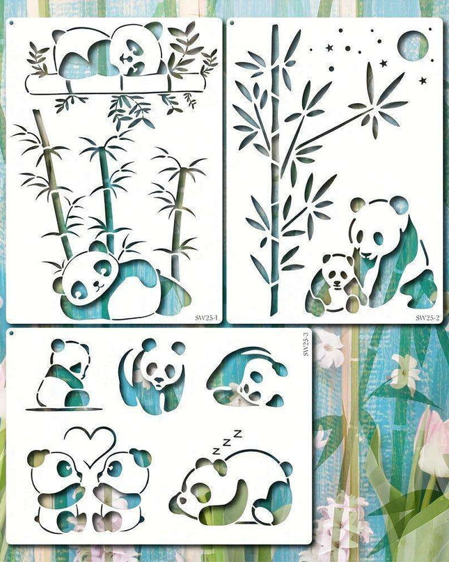 Panda Paradise Stencil Trio - A4 Templates for Creative Painting, Woodburning, and DIY Crafts with Bamboo Accents