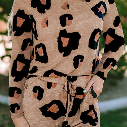 Chic Leopard Print Lounge Set: Long Sleeve Pullover and Shorts Combo