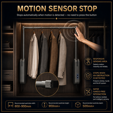 Intelligent Touch, Sensor & Voice Control Electric Wardrobe Lift — Aluminum, 15kg, Extendable 600–900mm / 900–1200mm
