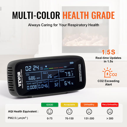 VEVOR Air Quality Monitor 9-IN-1 — CO2, PM2.5, TVOC, Humidity & Temperature
