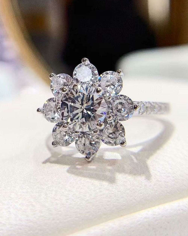 Exquisite Floral Moissanite Ring with Platinum-Plated Zircon Accents - Unmatched Sophistication