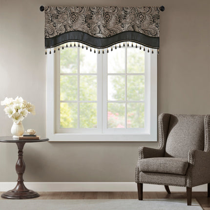 Room & Decor Jacquard Rod Pocket Valance with Beads, Black 50x18