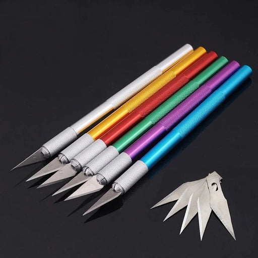 Precision Craft Knife Set with 6 Colorful Metal Handles and 6 Extra Blades
