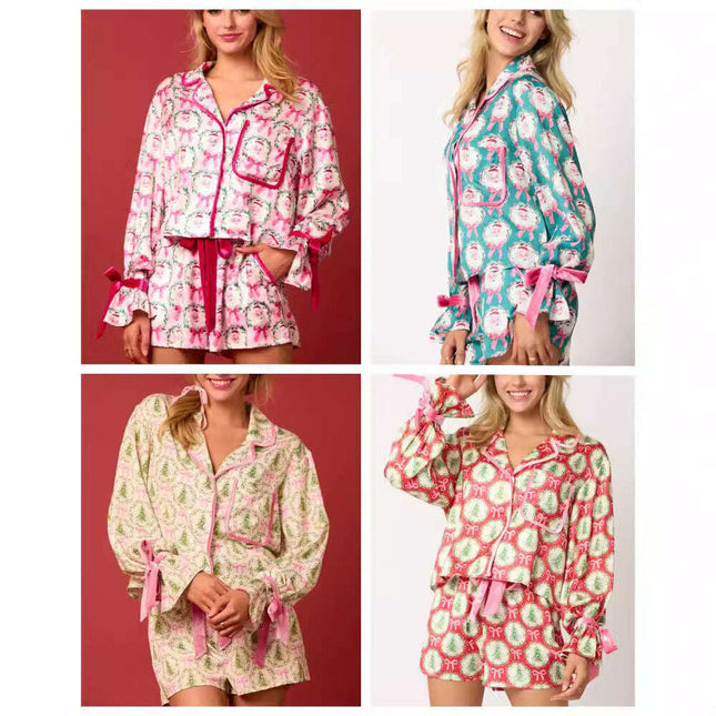 2 Pcs Women's Christmas Pajama Set Santa Tree Print Lapel Neck Button-up Long Sleeve Tops Shorts Loungewear Outfit - Très Elite