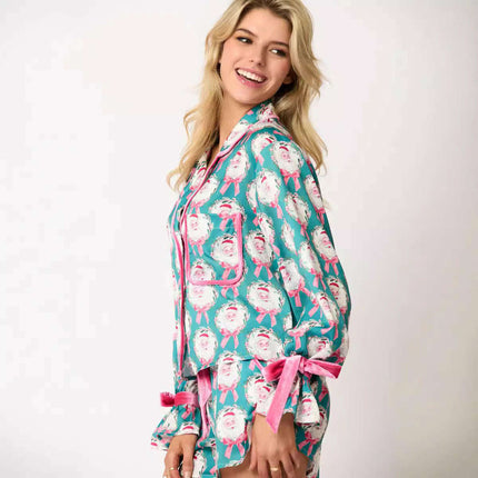 2 Pcs Women's Christmas Pajama Set Santa Tree Print Lapel Neck Button-up Long Sleeve Tops Shorts Loungewear Outfit - Très Elite