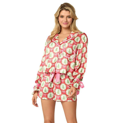 2 Pcs Women's Christmas Pajama Set Santa Tree Print Lapel Neck Button-up Long Sleeve Tops Shorts Loungewear Outfit - Très Elite