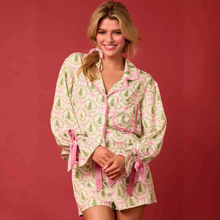2 Pcs Women's Christmas Pajama Set Santa Tree Print Lapel Neck Button-up Long Sleeve Tops Shorts Loungewear Outfit - Très Elite
