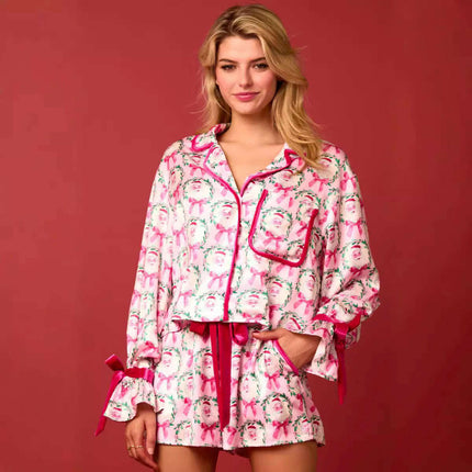 2 Pcs Women's Christmas Pajama Set Santa Tree Print Lapel Neck Button-up Long Sleeve Tops Shorts Loungewear Outfit - Très Elite