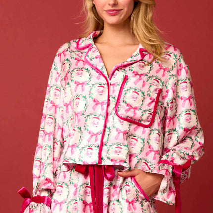 2 Pcs Women's Christmas Pajama Set Santa Tree Print Lapel Neck Button-up Long Sleeve Tops Shorts Loungewear Outfit - Très Elite