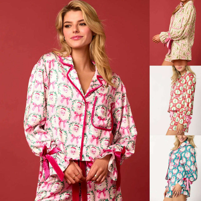 2 Pcs Women's Christmas Pajama Set Santa Tree Print Lapel Neck Button-up Long Sleeve Tops Shorts Loungewear Outfit - Très Elite