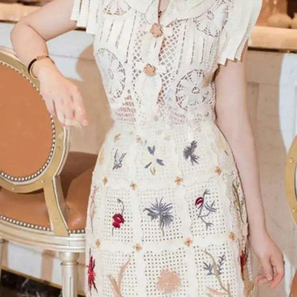 2-Piece Embroidered O-Neck Top and Short Skirt Set for Women - Très Elite