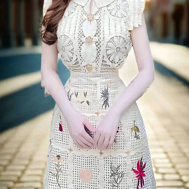 2-Piece Embroidered O-Neck Top and Short Skirt Set for Women