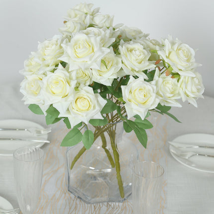AliKopy 2 Bouquets 17" Ivory Real Touch Silk Rose Bushes - Lifesize &