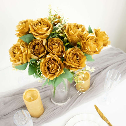 AliKopy 18" Real Touch Gold Artificial Rose Bouquet - Silk Long Stem,