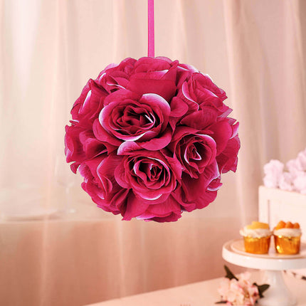 AliKopy 2 Pack 7" Fuchsia Silk Rose Kissing Ball - Elegant Floral Deco