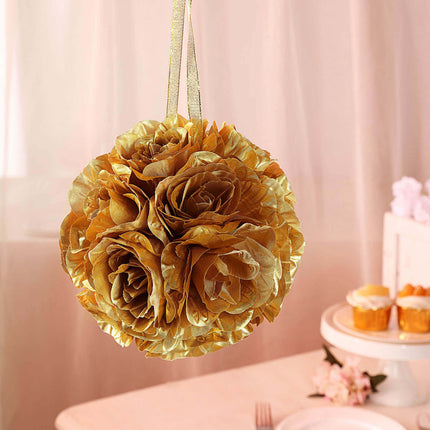 AliKopy 2 Pack 7" Gold Silk Rose Kissing Ball - Elegant Faux Flowers
