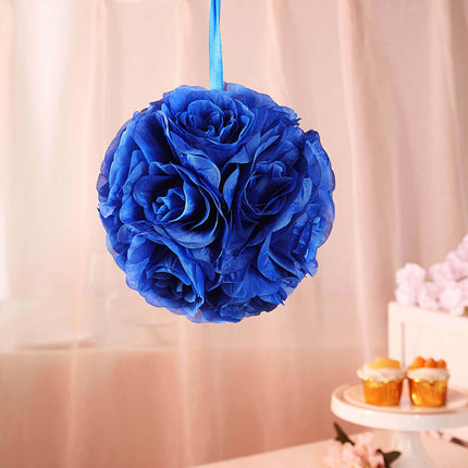 AliKopy 2 Pack 7" Royal Blue Silk Rose Kissing Ball, Elegant Faux Flow