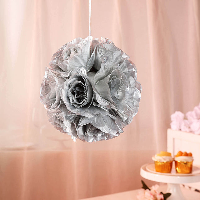 AliKopy 2 Pack 7" Silver Artificial Silk Rose Kissing Ball - Elegant D