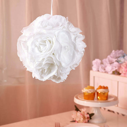 AliKopy 2 Pack 7" White Artificial Silk Rose Kissing Ball - Elegant De