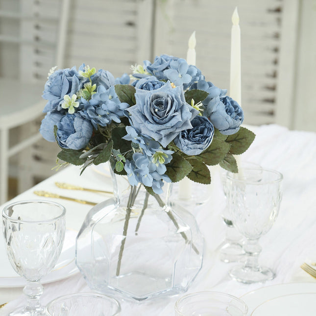 AliKopy 2 Pack Dusty Blue Silk Rose & Peony Bouquets - 12" Home Décor