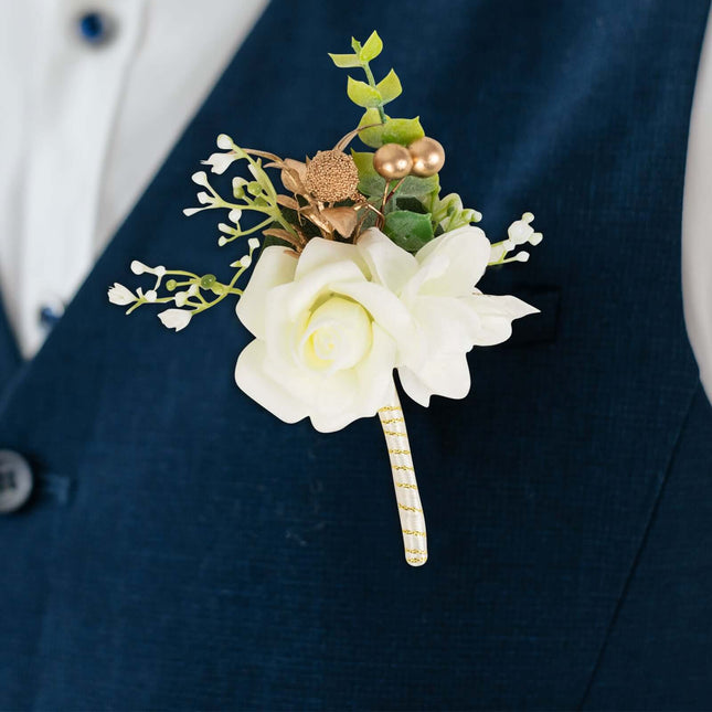AliKopy 2 Pack White Silk Rose Boutonniere, Real Touch, Pin Included