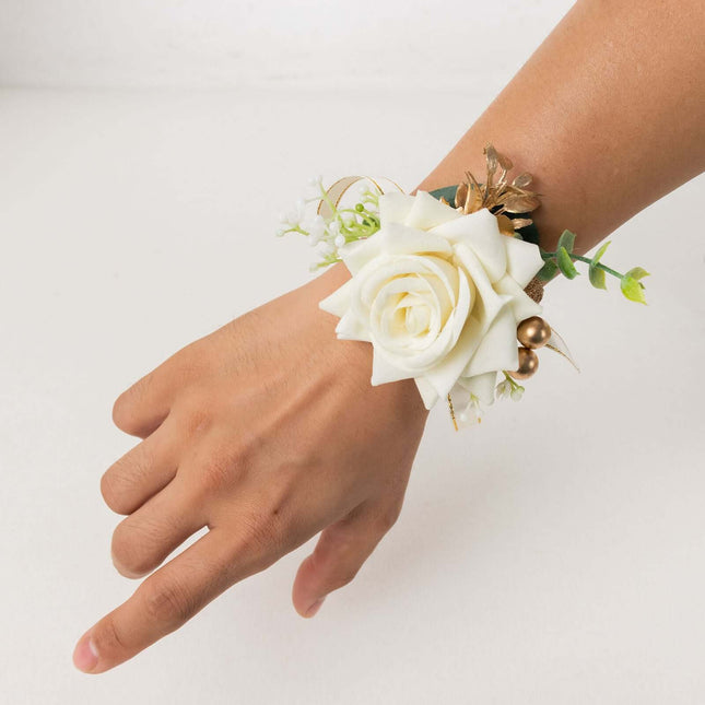 AliKopy 2 Pack White Artificial Rose Wrist Corsages with Pearls, 4