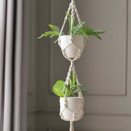 AliKopy 2-Tier Cotton Rope Hanging Planter Basket with Tassels, Boho D