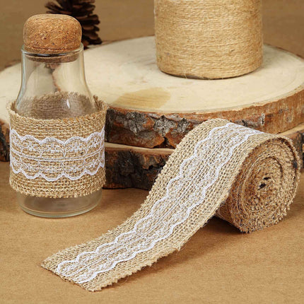 AliKopy 2" x 16FT Natural Jute Burlap Ribbon with Wavy Lace Edging