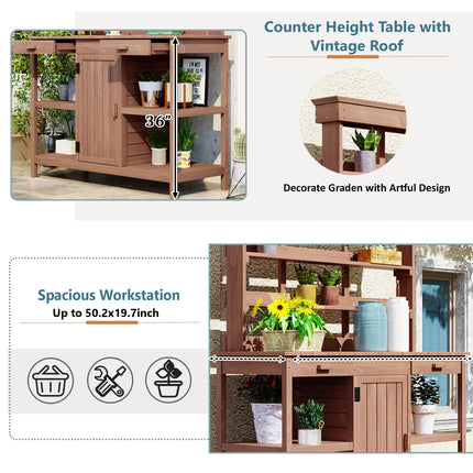 Room & Decor 66" Outdoor Farmhouse Wooden Potting Bench with Drawers &