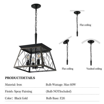 Room and Decor Vintage 4-Light Farmhouse Chandelier - Iron & Gold Fini