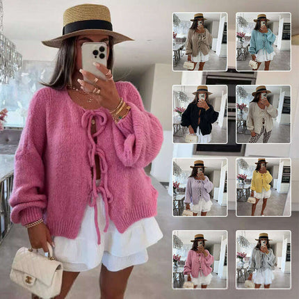 2024 Casual Knitted Bow Lace Up Cardigan Women Solid O-neck Short Sleeve Hollow Out Sweater Female Autumn Lady Solid Streetwear - Très Elite