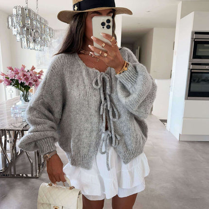 2024 Casual Knitted Bow Lace Up Cardigan Women Solid O-neck Short Sleeve Hollow Out Sweater Female Autumn Lady Solid Streetwear - Très Elite