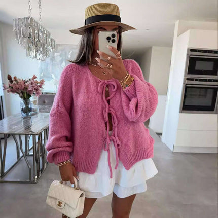 2024 Casual Knitted Bow Lace Up Cardigan Women Solid O-neck Short Sleeve Hollow Out Sweater Female Autumn Lady Solid Streetwear - Très Elite