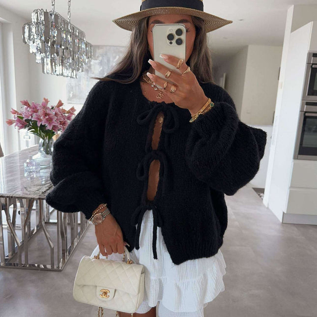 2024 Casual Knitted Bow Lace Up Cardigan Women Solid O-neck Short Sleeve Hollow Out Sweater Female Autumn Lady Solid Streetwear