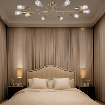 Room & Decor 10-Light Brushed Gold Sputnik Chandelier, Modern Design