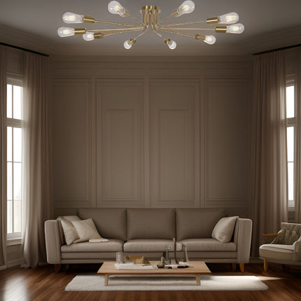 Room & Decor 10-Light Brushed Gold Sputnik Chandelier, Modern Design