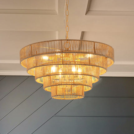 Room & Decor Bohemian 5-Tier Woven Rattan Pendant Light - 23.6