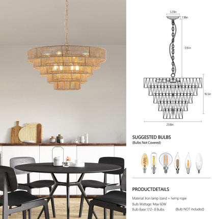 Room & Decor Bohemian 5-Tier Woven Rattan Pendant Light - 23.6