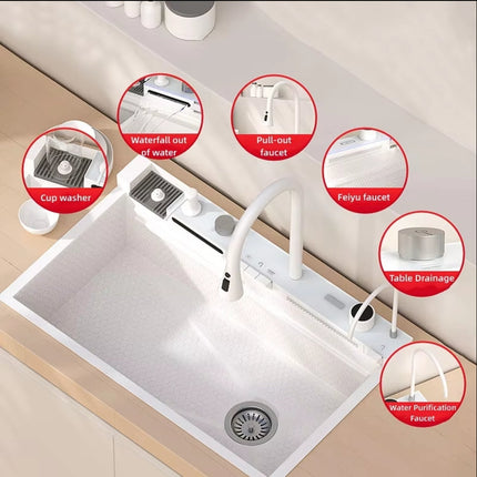 White Kitchen Workstation Sink with Waterfall Faucet