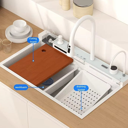 White Kitchen Workstation Sink with Waterfall Faucet