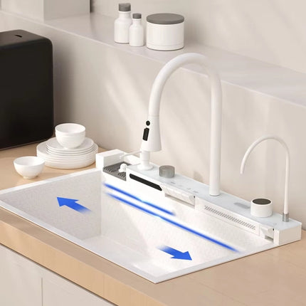 White Kitchen Workstation Sink with Waterfall Faucet