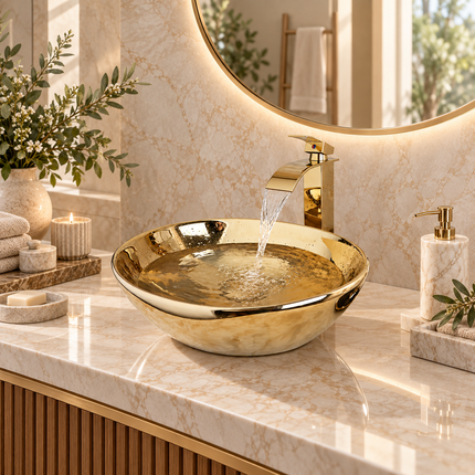 Luxury Gold Ceramic Vessel Sink - Round Above Counter Basin with Faucet
